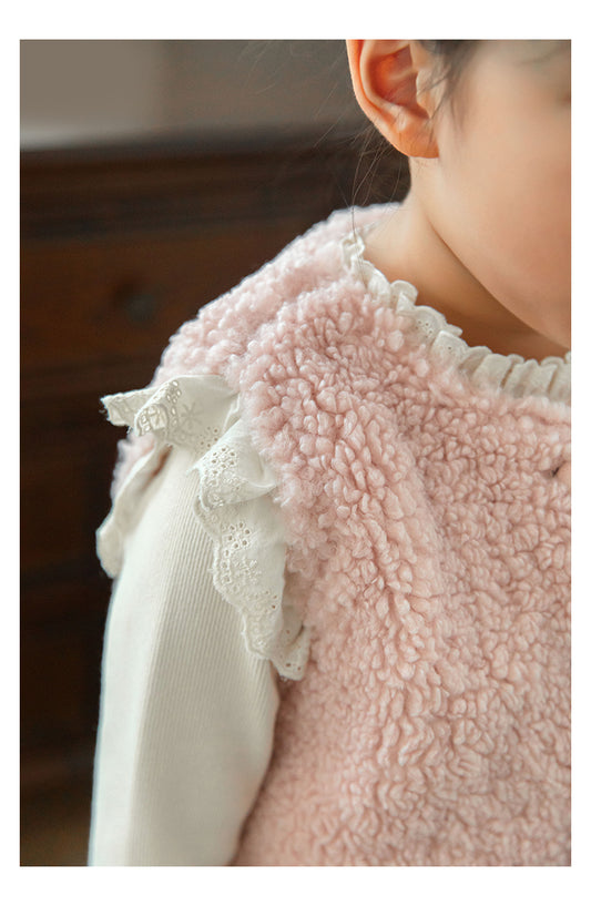 Girls Lace Trim Faux Shearling Teddy Vest, Dusty Pink