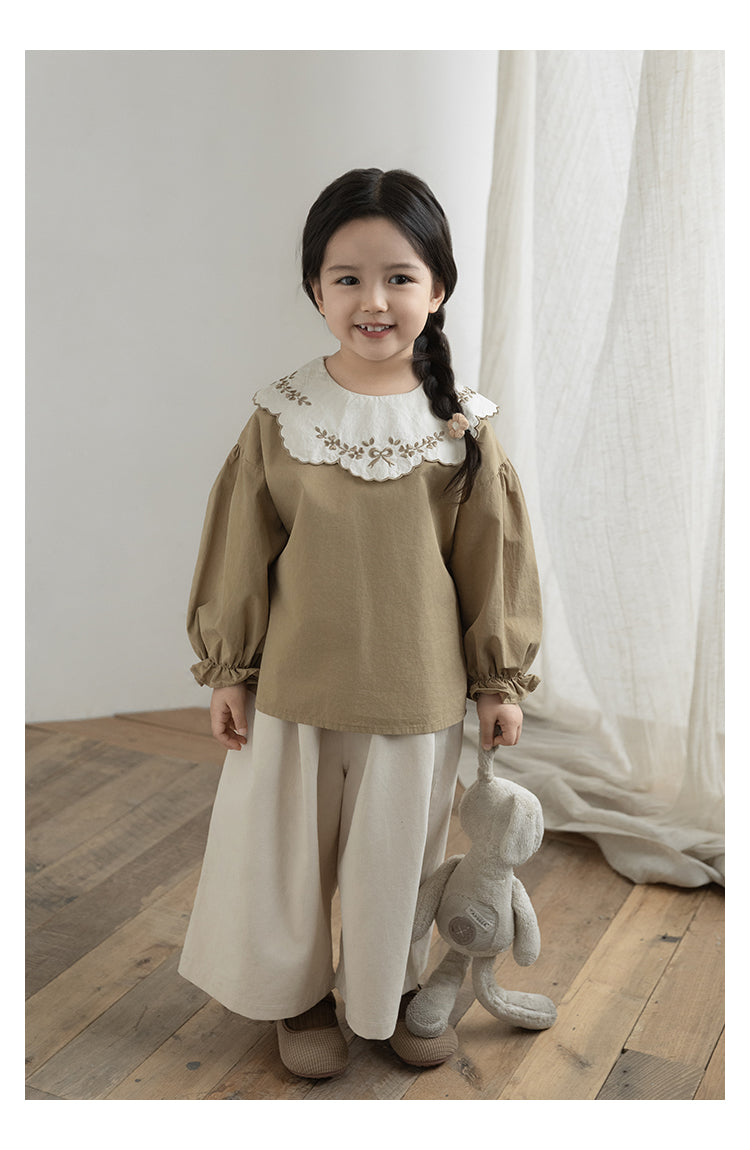 Girls Embroidered Collar Blouse, Warm Beige