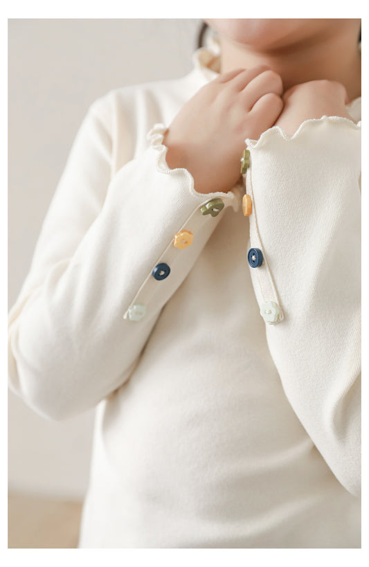 Girls Button Detailed Frill Trimmed Top, Cream