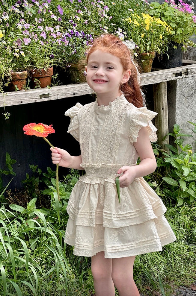 Girls Floral Embroidered Tiered Dress, Ivory