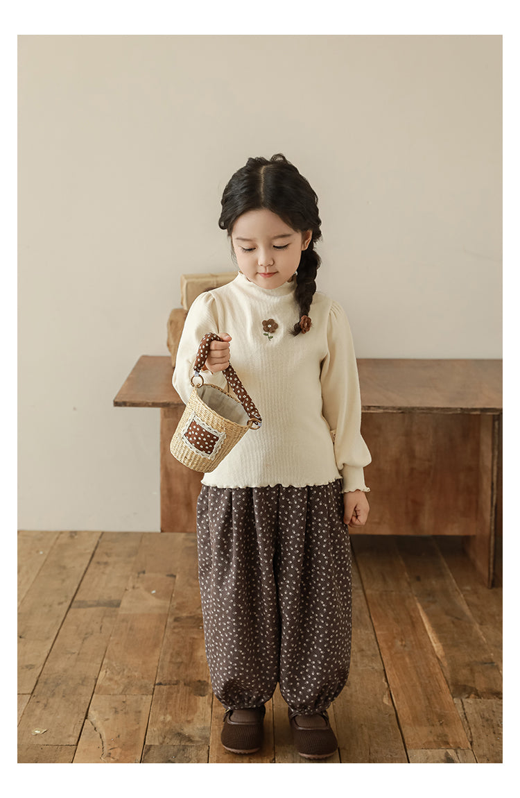 Girls Floral Embroidered Frill Trimmed Top, Oat