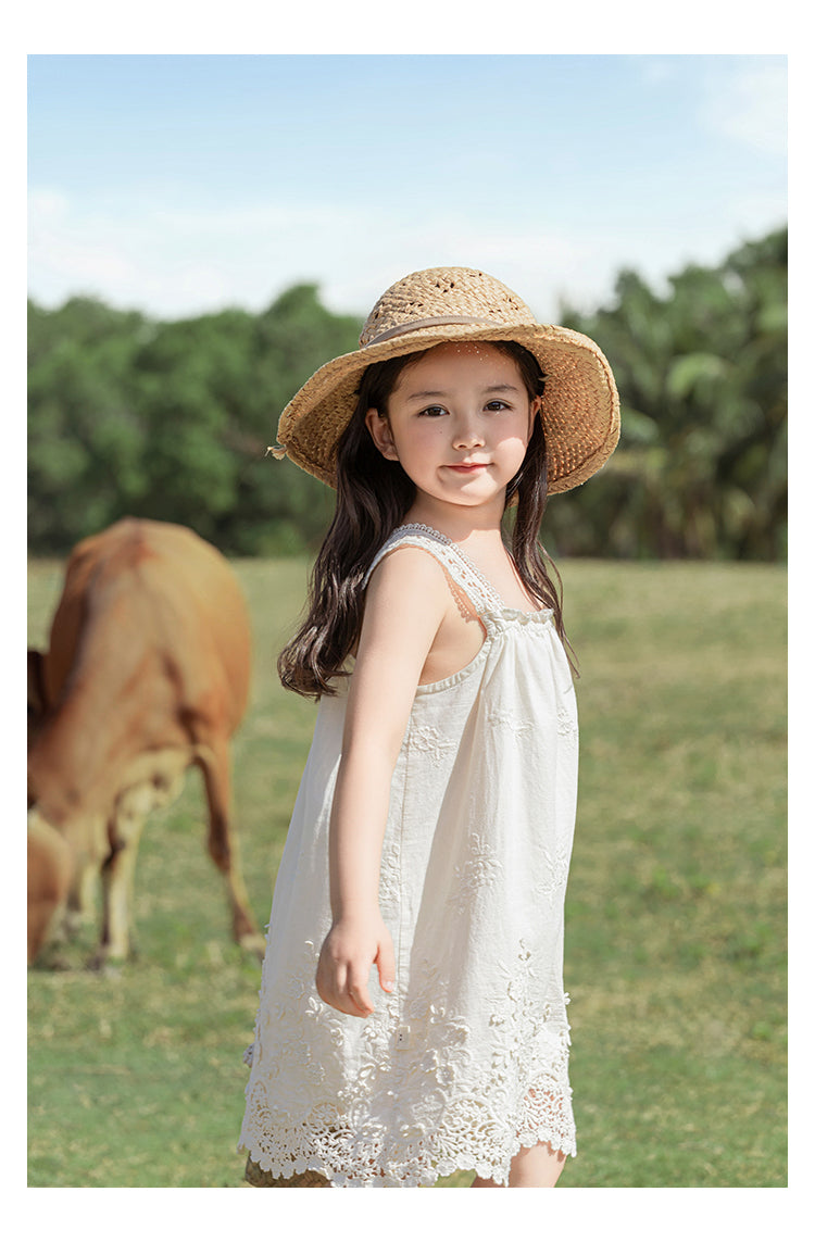 Girls Floral Embroidered Broderie Strap Dress, Ivory