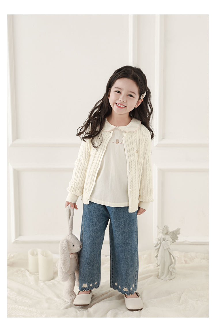 Girls Embroidered Cable Knit Cardigan, Ivory