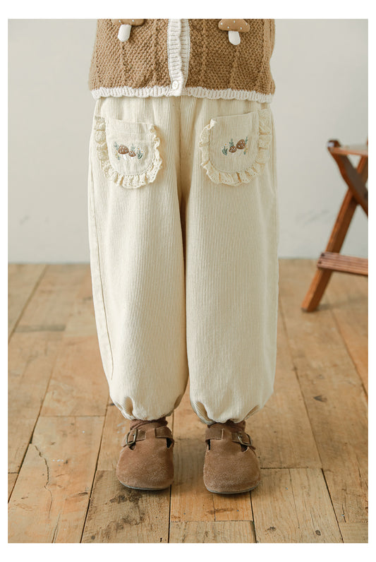 Girls Floral Embroidered Corduroy Trousers, Oat