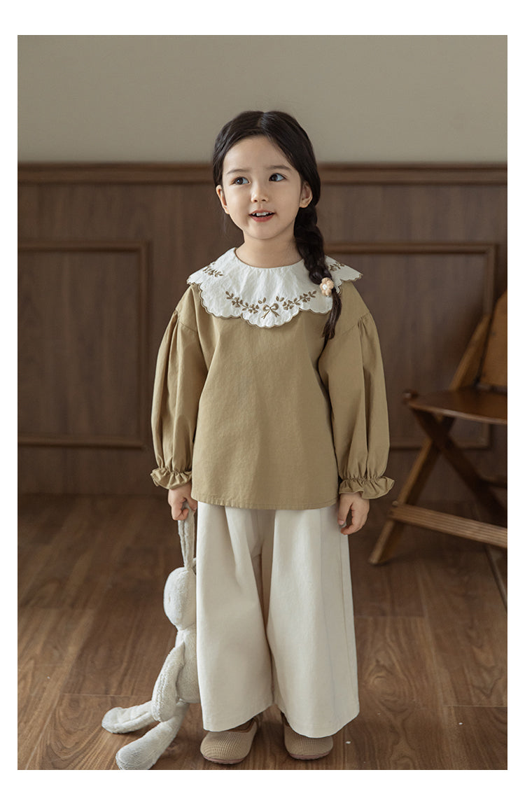 Girls Embroidered Collar Blouse, Warm Beige