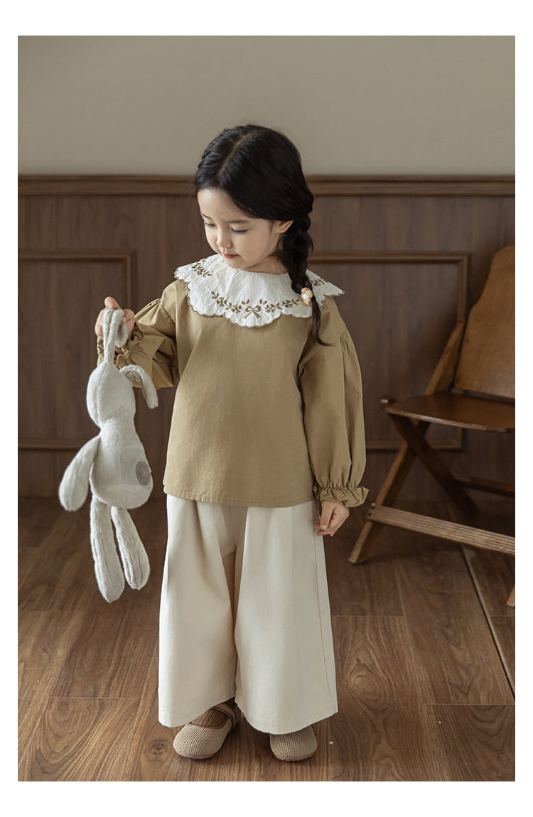 Girls Embroidered Collar Blouse, Warm Beige