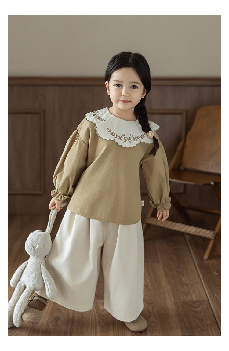 Girls Embroidered Collar Blouse, Warm Beige