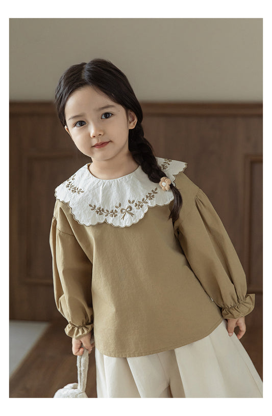 Girls Embroidered Collar Blouse, Camel