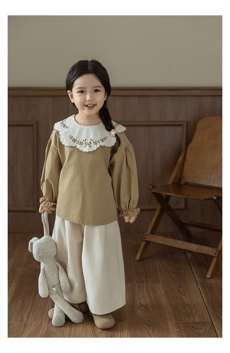 Girls Embroidered Collar Blouse, Warm Beige