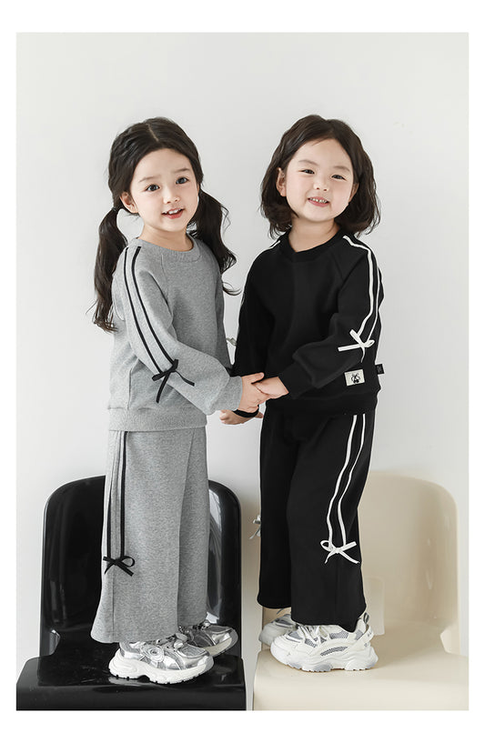 Girls Bow Detail Sweatshirt & Joggers Set, Pebble Grey