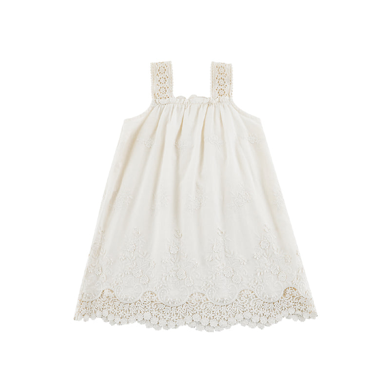 Girls Floral Embroidered Broderie Strap Dress, Ivory