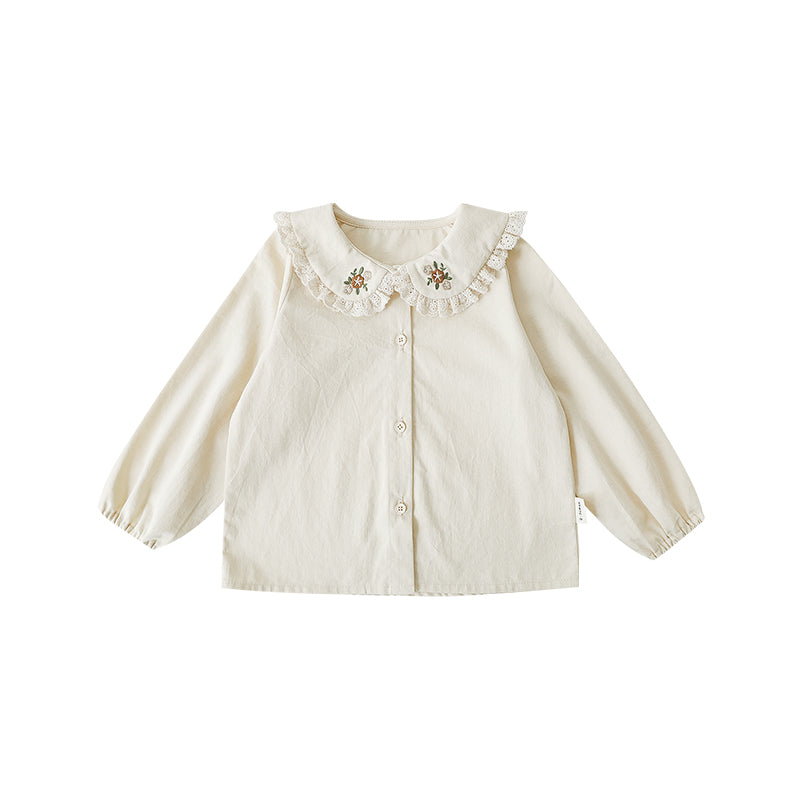 Girls cream cotton shirt with embroidered ruffled Peter Pan collar