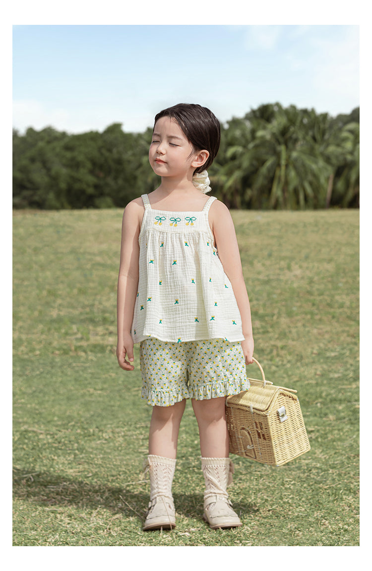 Girls Floral Ruffle Cotton Shorts, Sunny Meadow