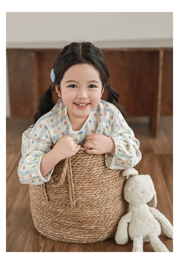 Girls Cotton Muslin Pyjama & Lounge Set, Bear & Floral Stripe