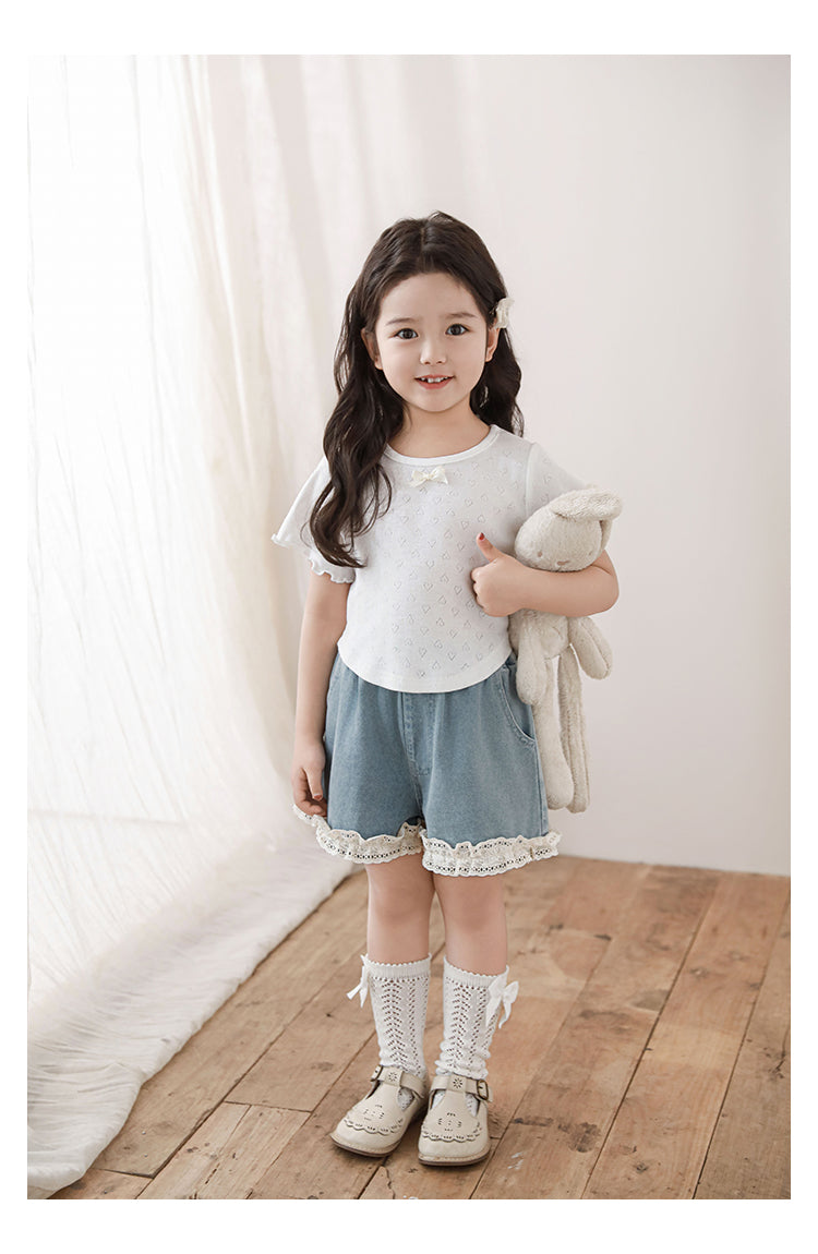 Girls Heart Pointelle Cropped T-Shirt, White