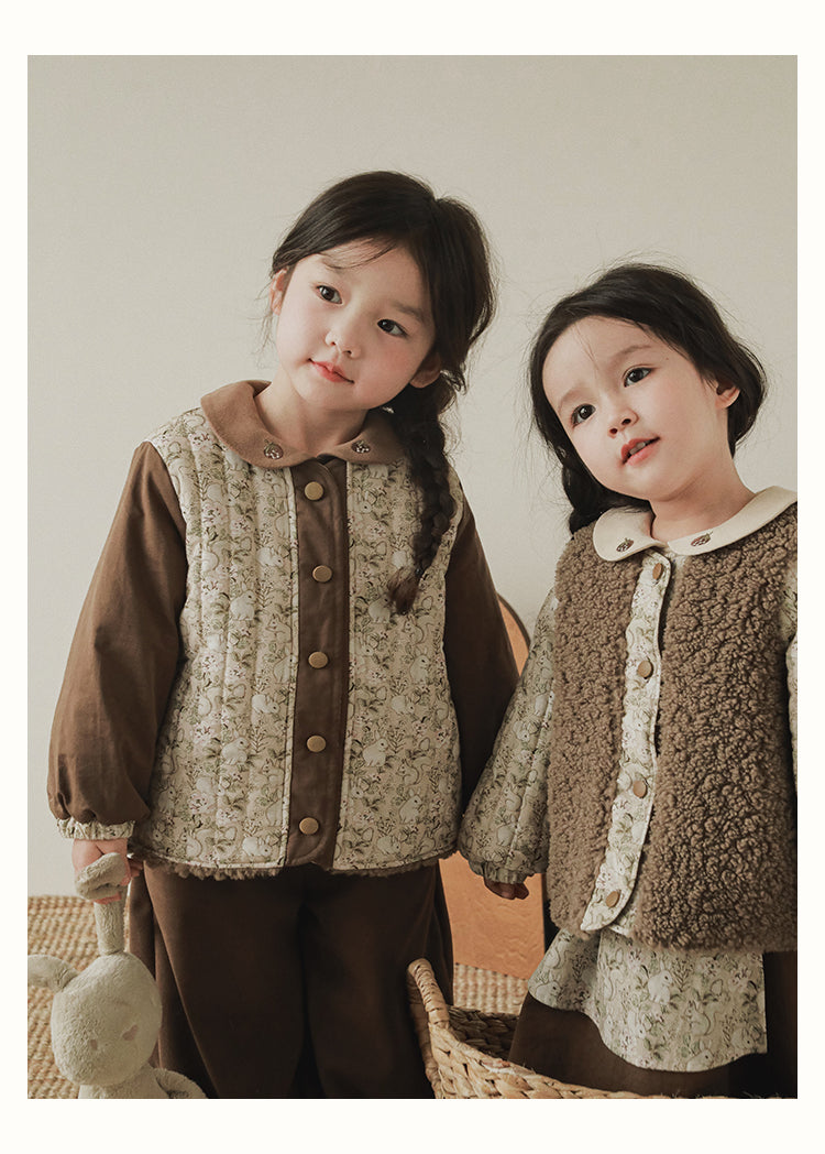 Girls Reversible Padded Teddy Coat, Cocoa Floral
