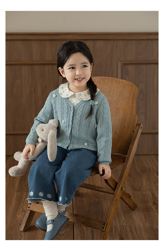 Baby Girl Floral Crochet Cable Knit Cardigan, Dusty Blue