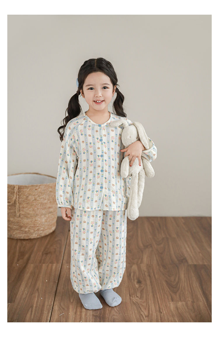 Girls Cotton Muslin Pyjama & Lounge Set, Bear & Floral Stripe