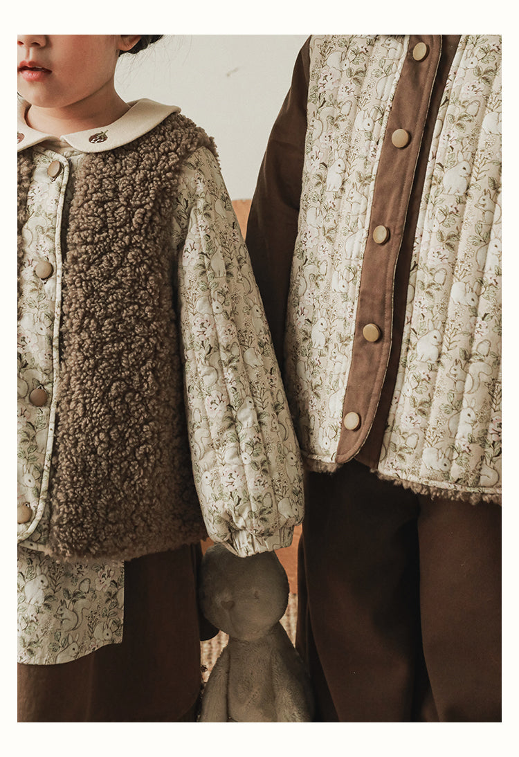 Girls Reversible Padded Teddy Coat, Cocoa Floral