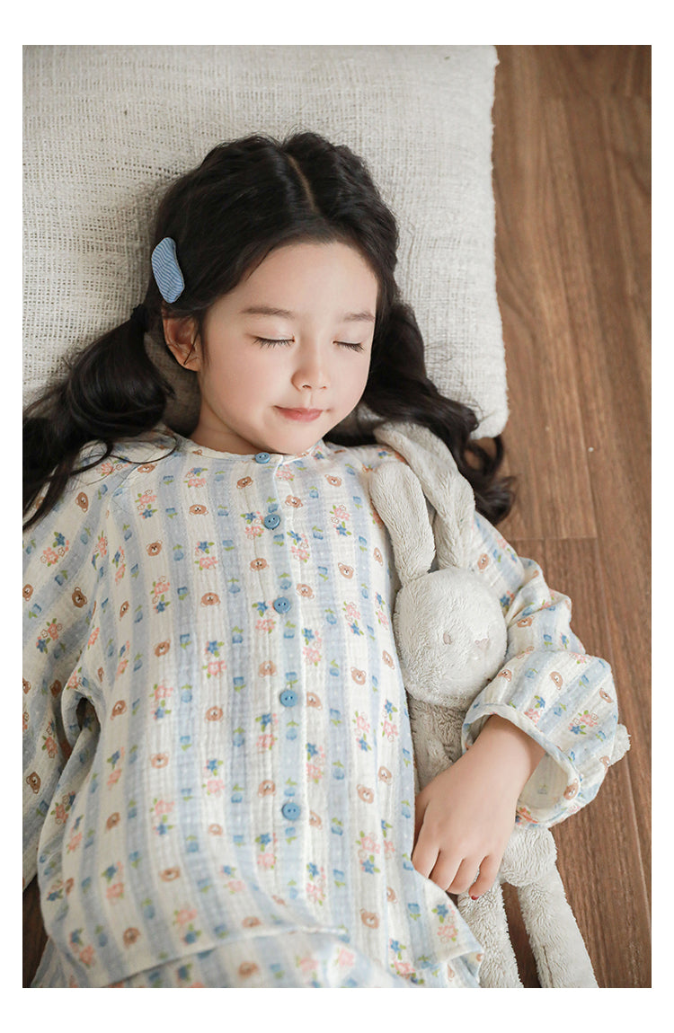 Girls Cotton Muslin Pyjama & Lounge Set, Bear & Floral Stripe