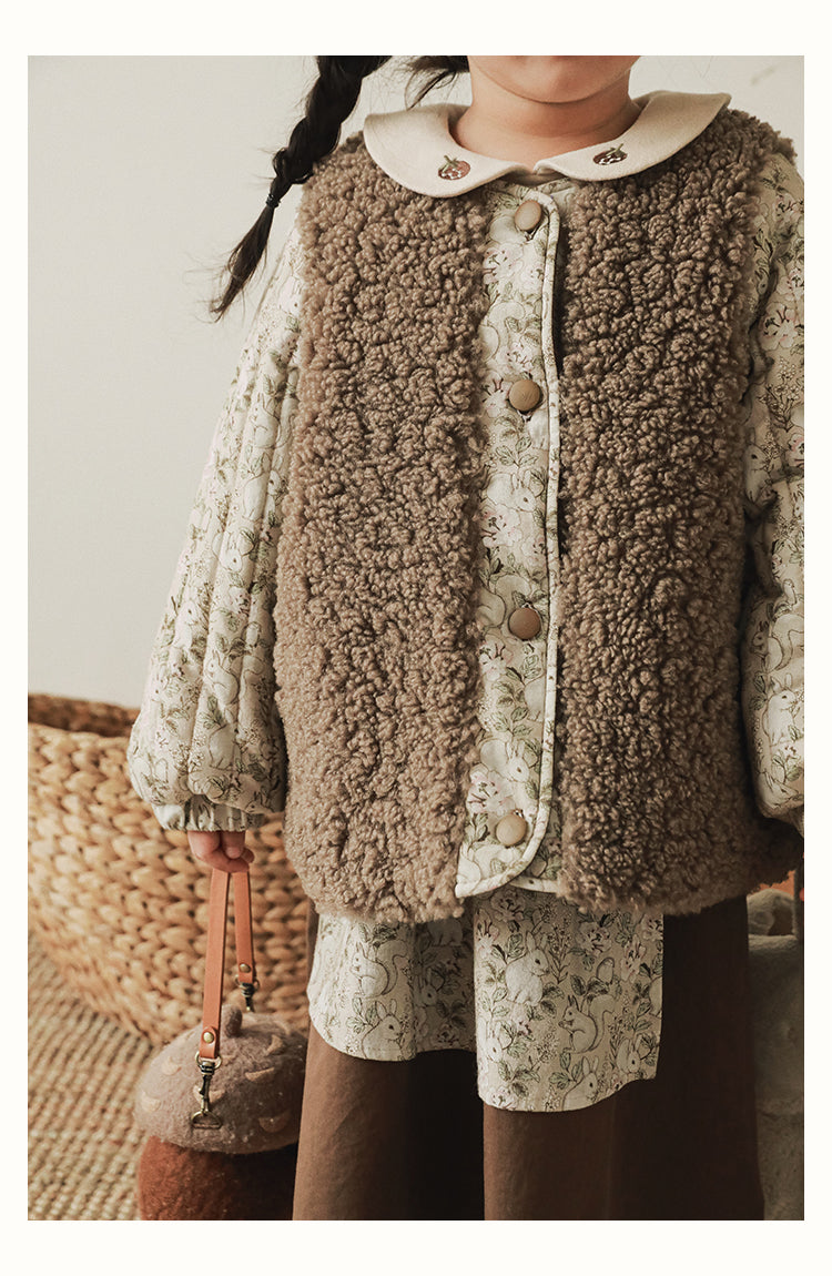 Girls Reversible Padded Teddy Coat, Cocoa Floral