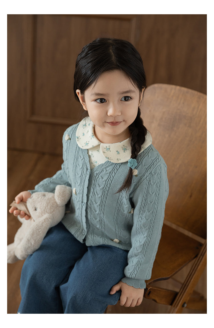 Baby Girl Floral Crochet Cable Knit Cardigan, Powder Blue