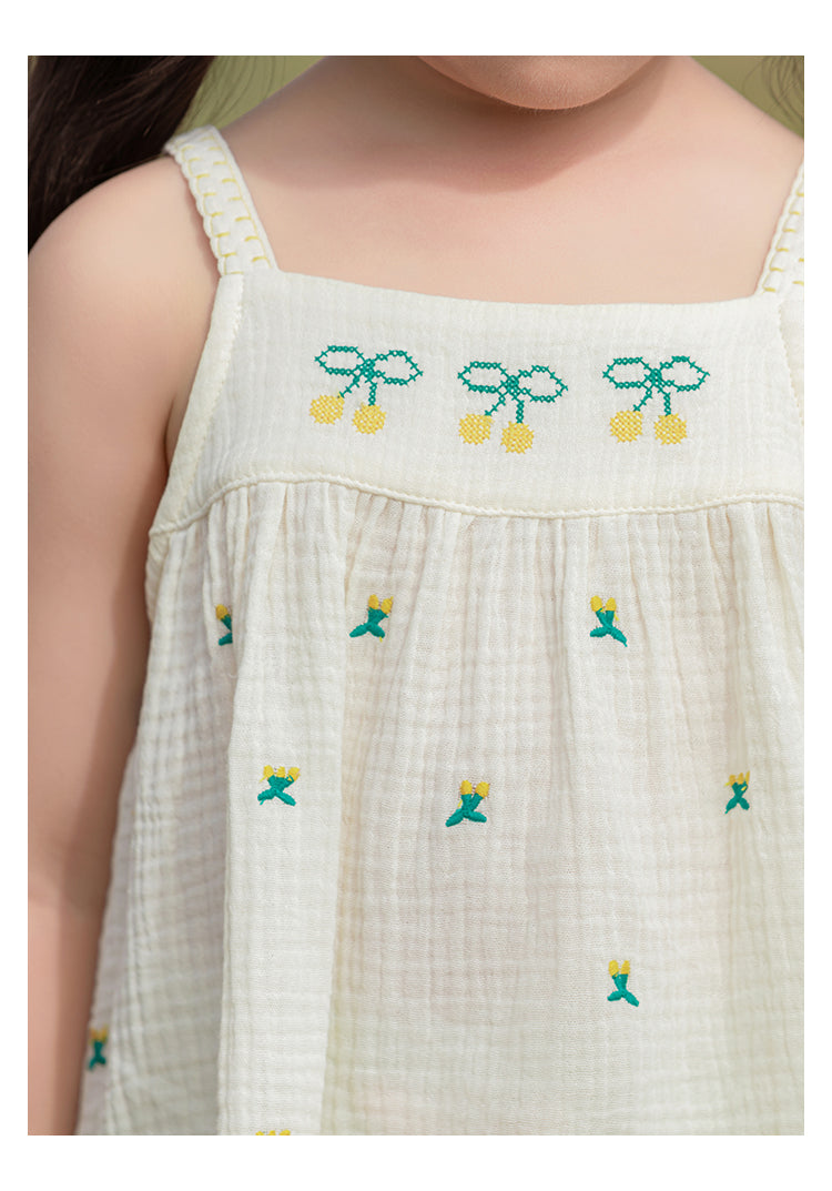 Girls Cotton Muslin Strap Top, Cherry Embroidery