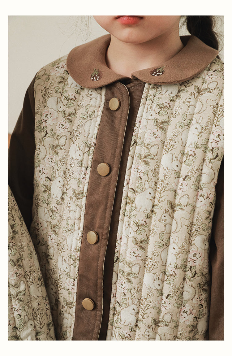Girls Reversible Padded Teddy Coat, Cocoa Floral