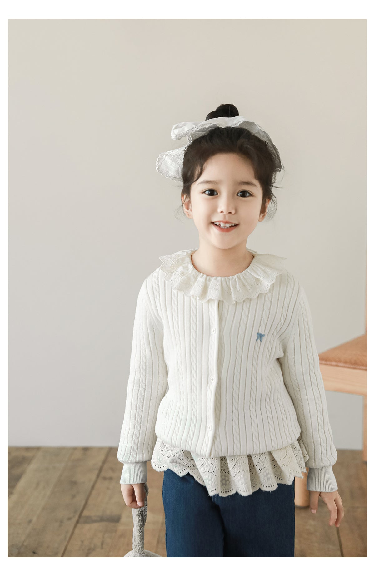 Girls Bow Embroidered Cable Knit Cardigan, Ivory