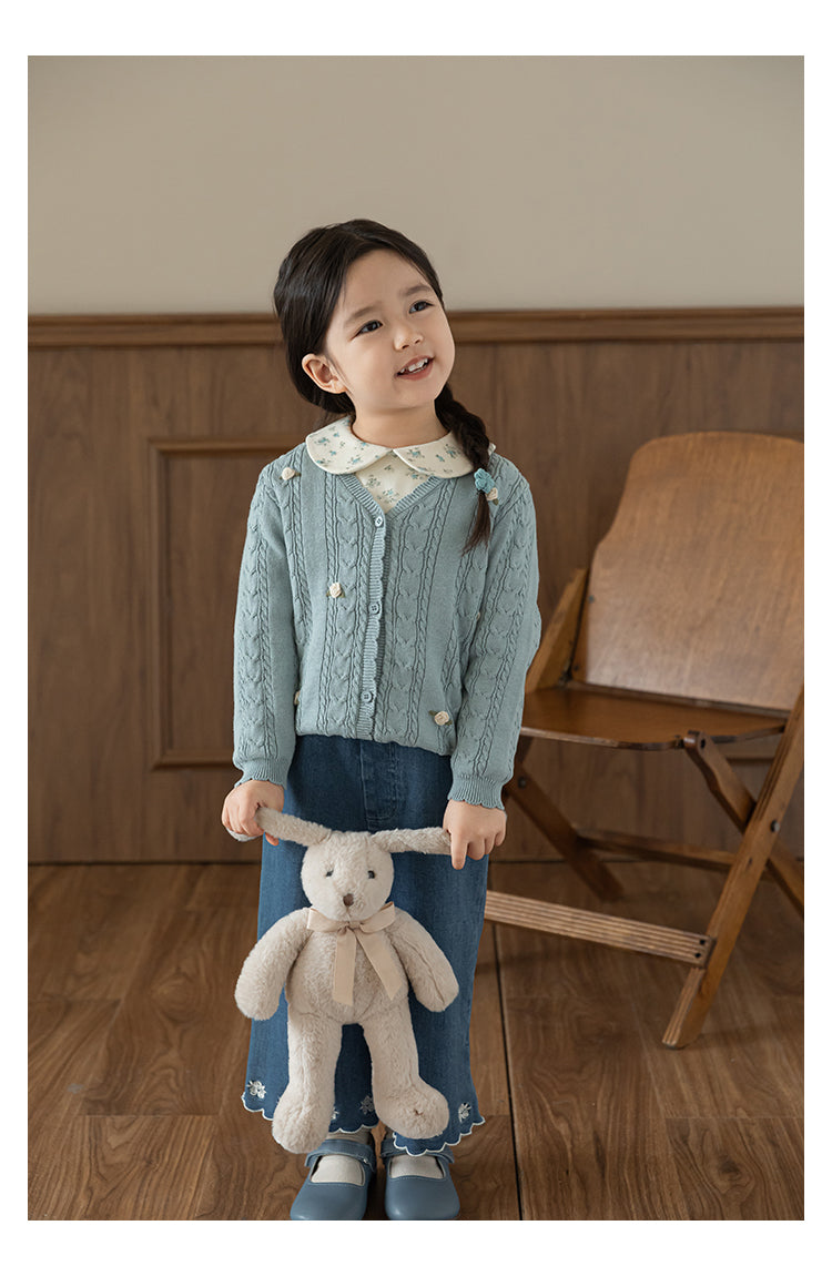 Baby Girl Floral Crochet Cable Knit Cardigan, Powder Blue