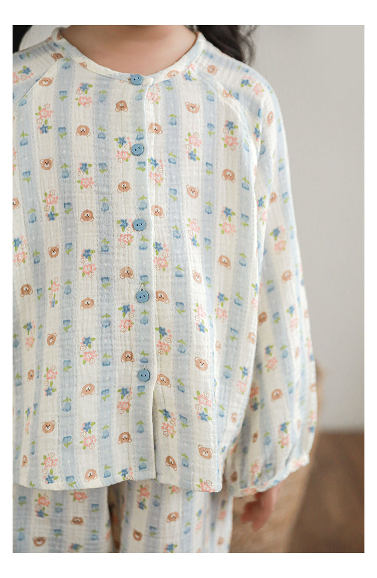 Girls Cotton Muslin Pyjama & Lounge Set, Bear & Floral Stripe