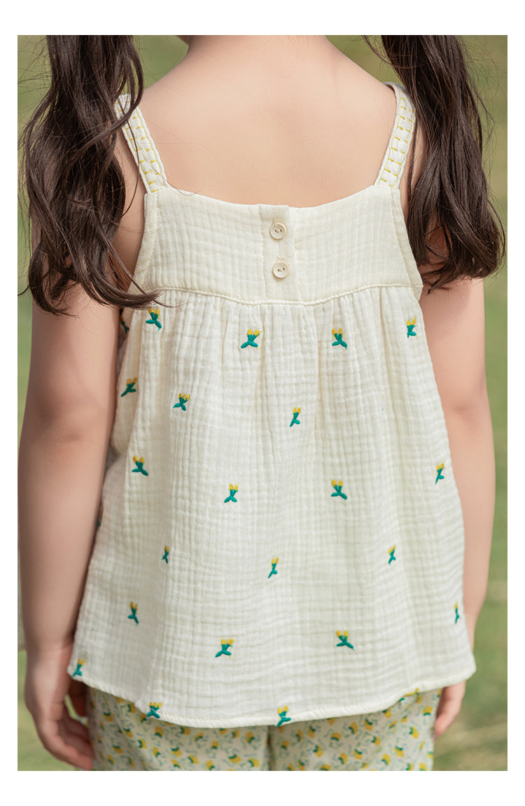 Girls Cotton Muslin Strap Top, Cherry Embroidery