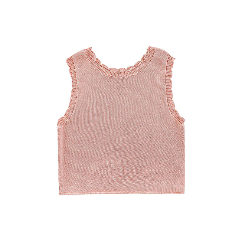 Girls ribbed lyocell tank top with scalloped collar and raw hem, in pink.