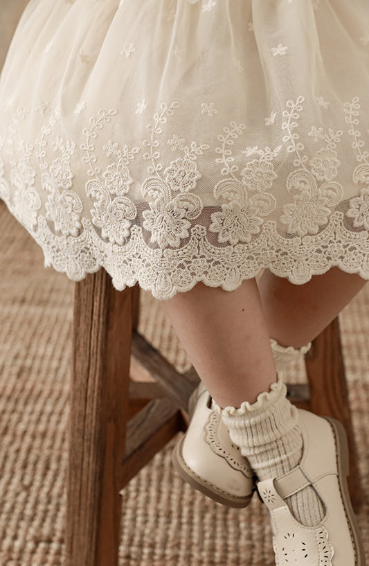 Close-up of lace paneling on soft chiffon girls skirt