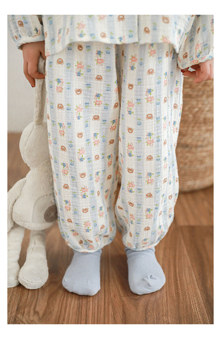 Girls Cotton Muslin Pyjama & Lounge Set, Bear & Floral Stripe