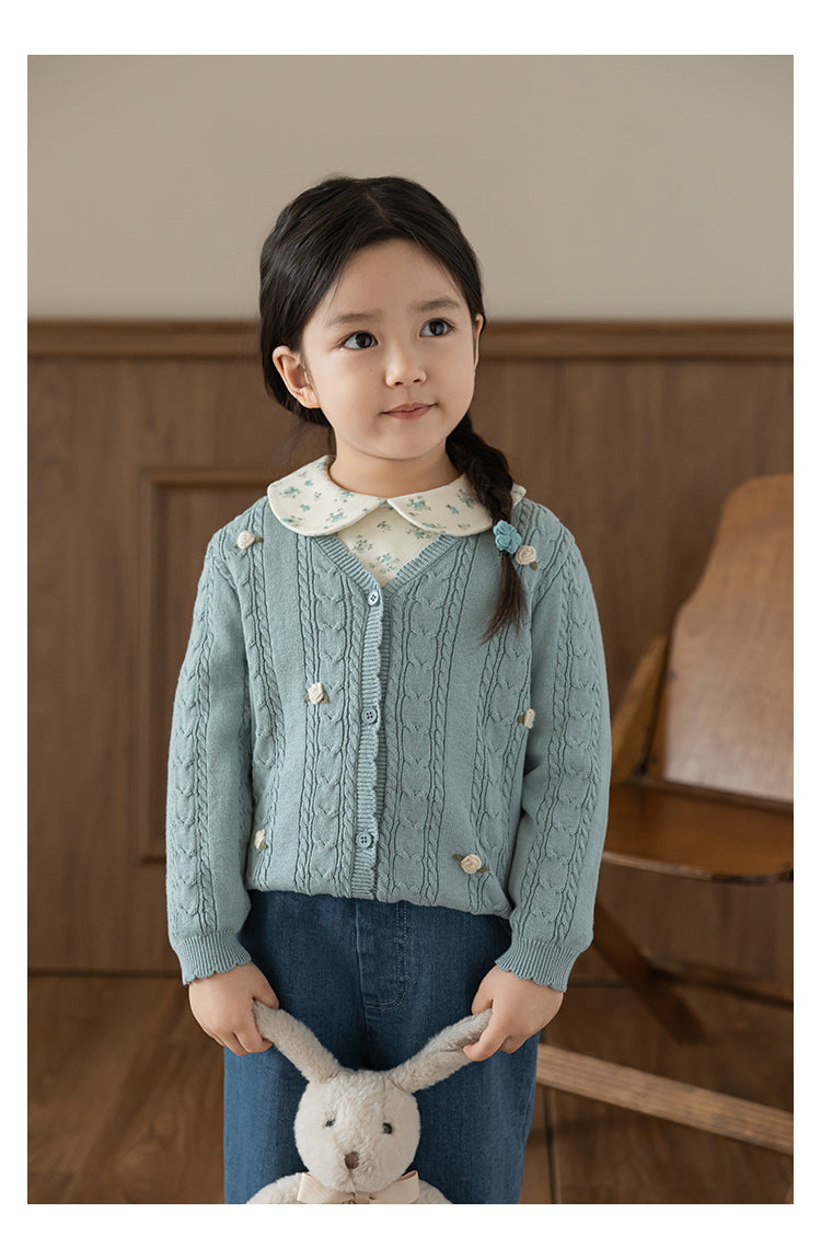 Baby Girl Floral Crochet Cable Knit Cardigan, Powder Blue