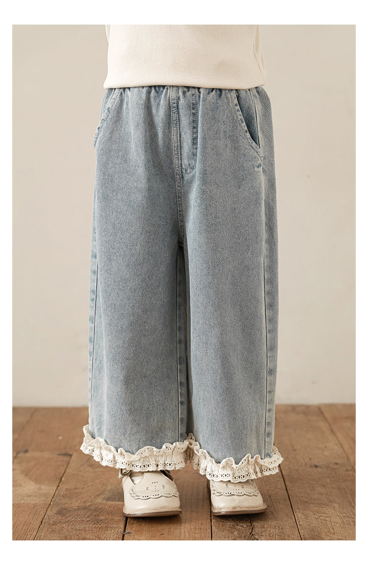 Girls Straight Leg Lace Hem Jeans, Light Blue