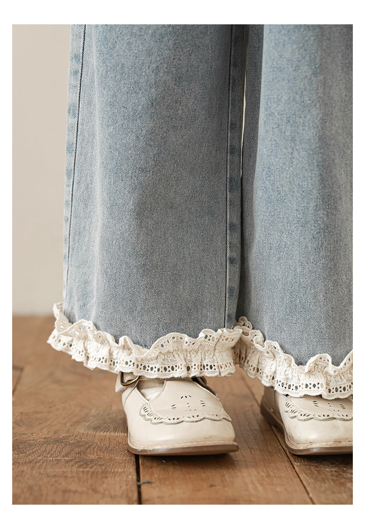 Girls Straight Leg Lace Hem Jeans, Light Blue