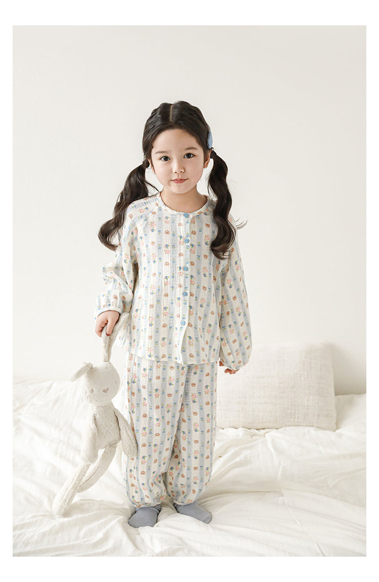 Girls Cotton Muslin Pyjama & Lounge Set, Bear & Floral Stripe