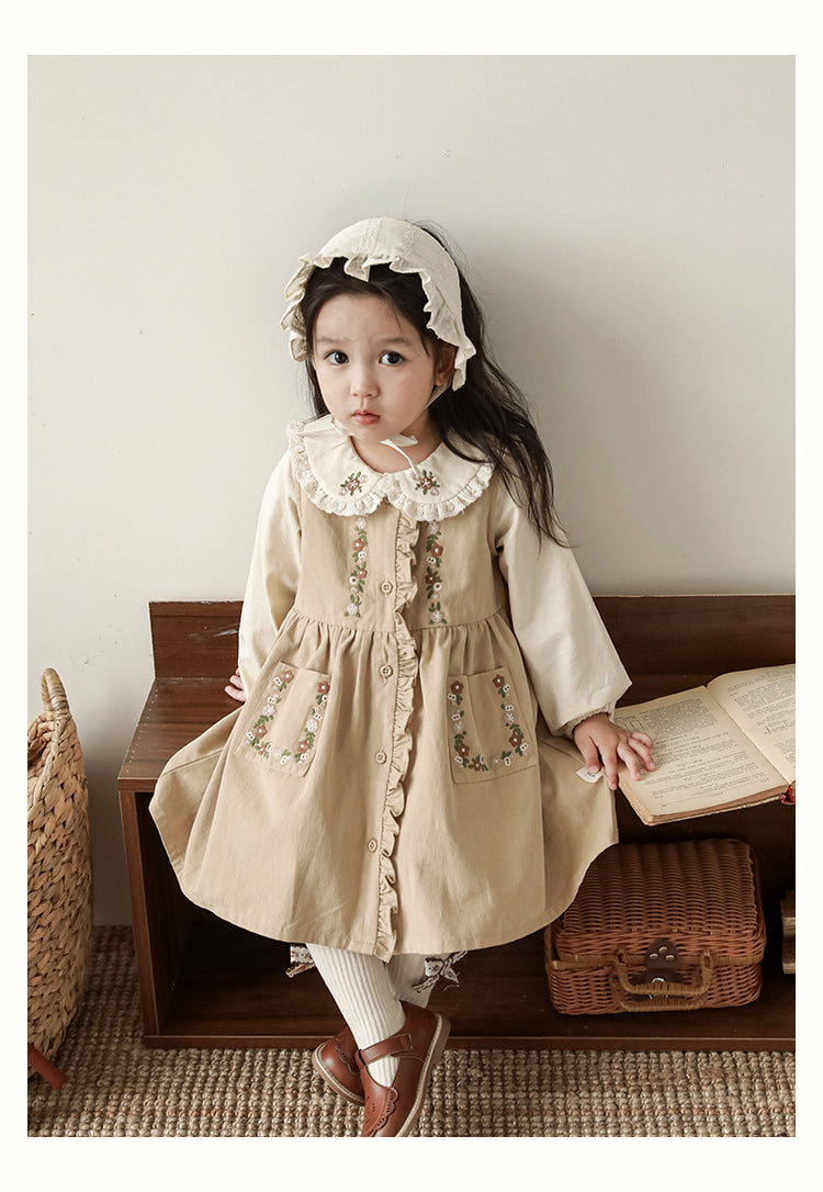 Girls Floral Embroidered Button-Front Dress, Beige