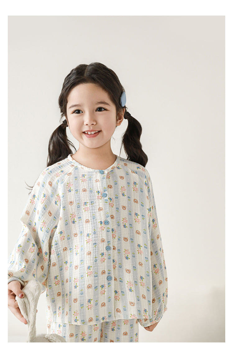 Girls Cotton Muslin Pyjama & Lounge Set, Bear & Floral Stripe