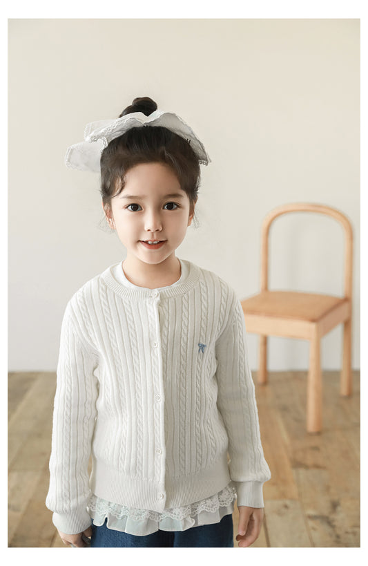 Girls Bow Embroidered Cable Knit Cardigan, Ivory