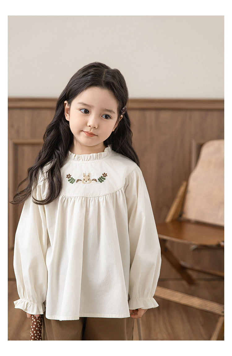 Girls white bunny embroidered blouse with ruffled collar