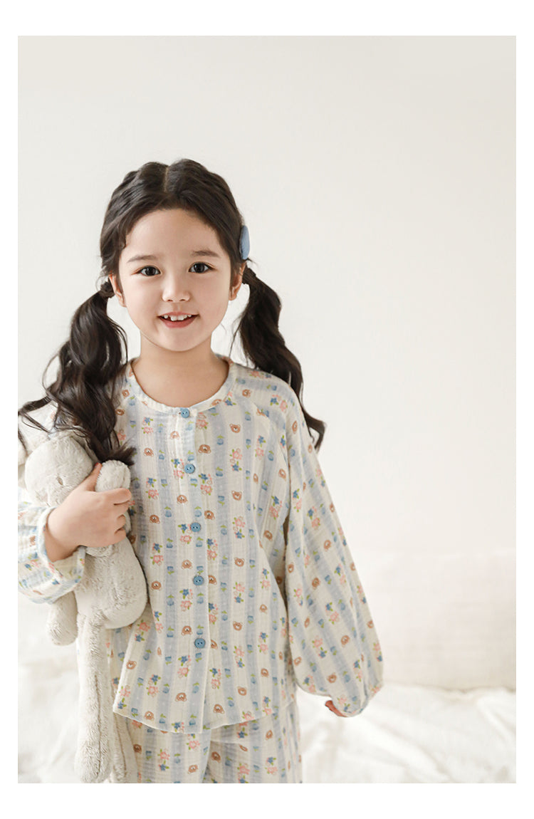 Girls Cotton Muslin Pyjama & Lounge Set, Bear & Floral Stripe