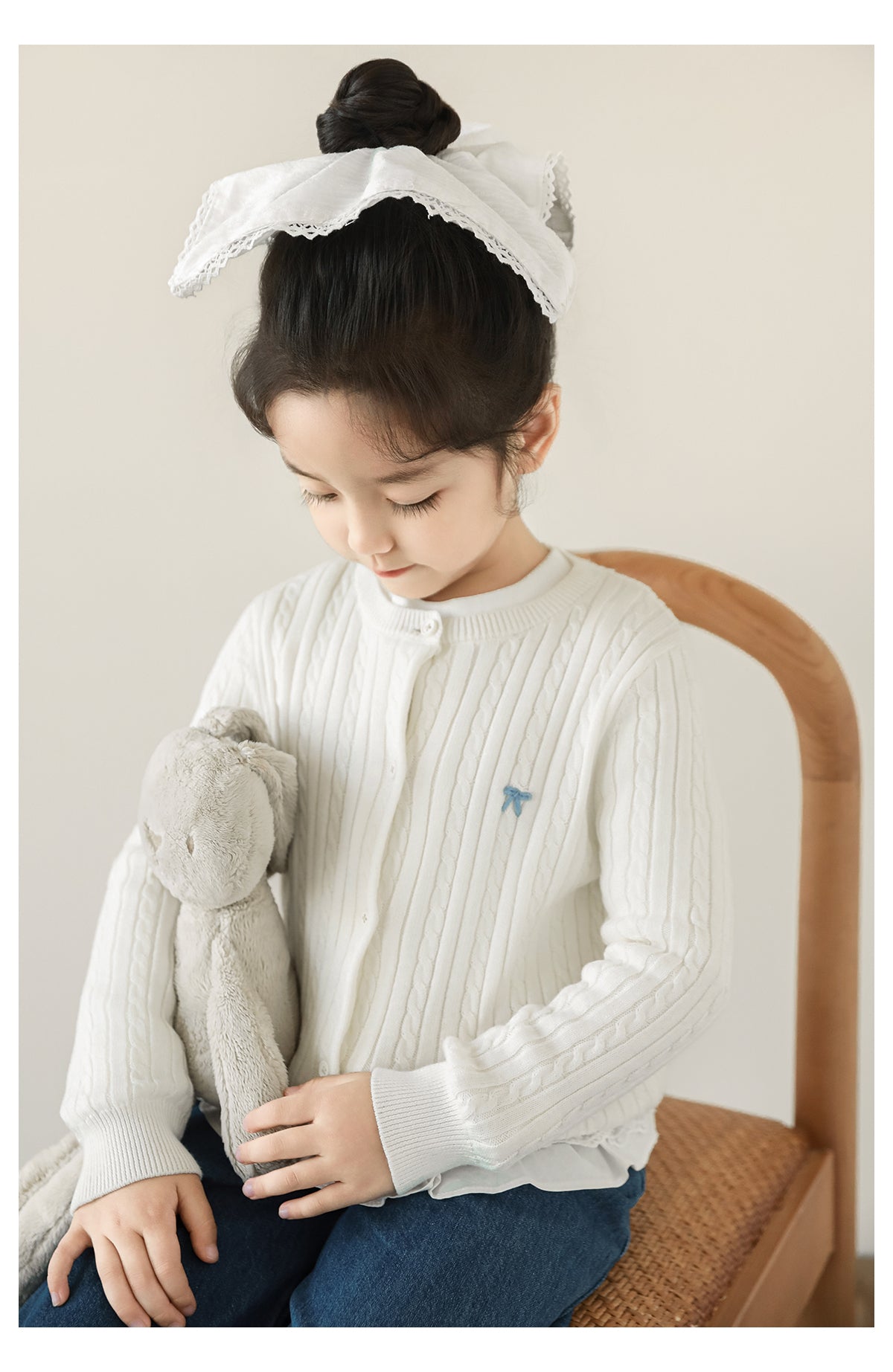Girls Bow Embroidered Cable Knit Cardigan, Ivory