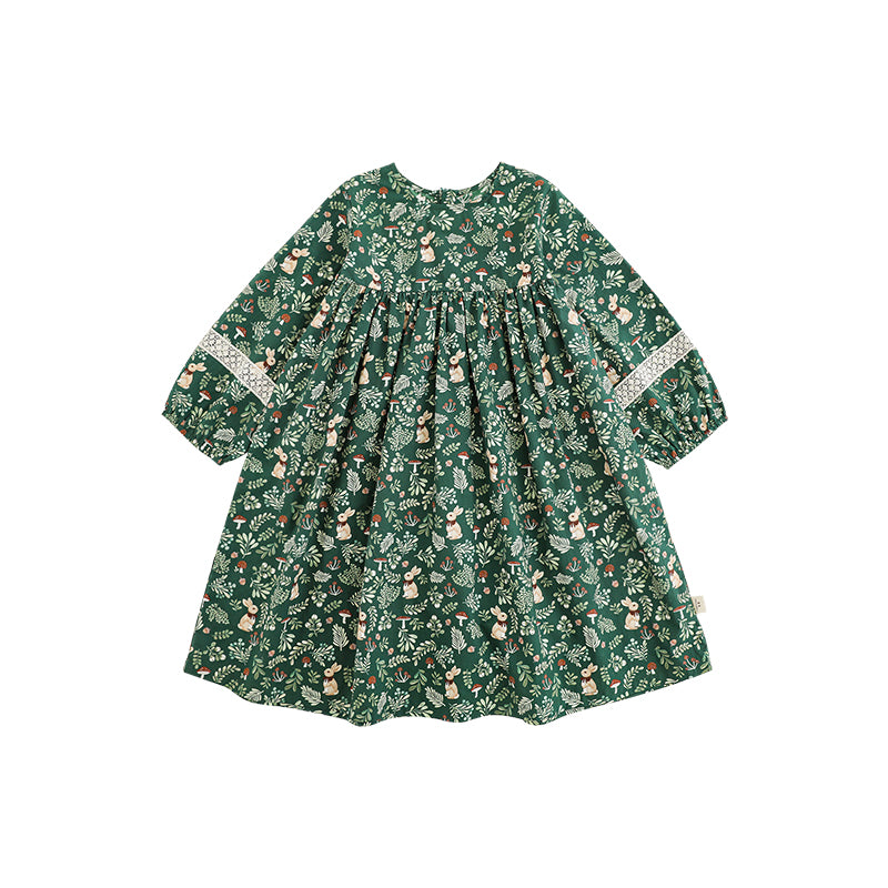 Girls Floral Lace Detail Dress, Forest Green