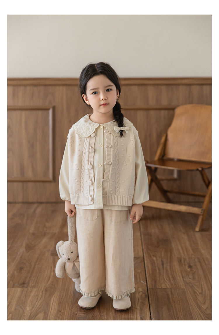 Girls Linen Blend Trousers with Ruffled Lace Hem, Oat