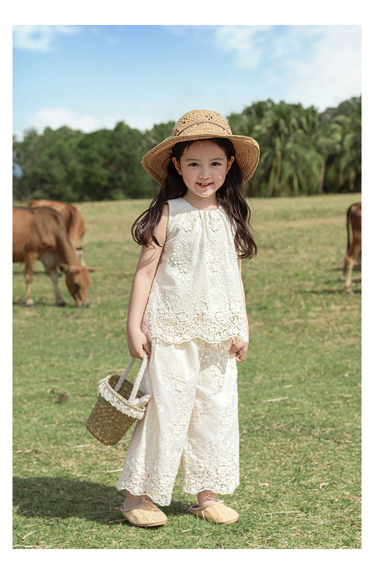 Girls Floral Embroidered Lace Top & Trousers Set, Ivory White
