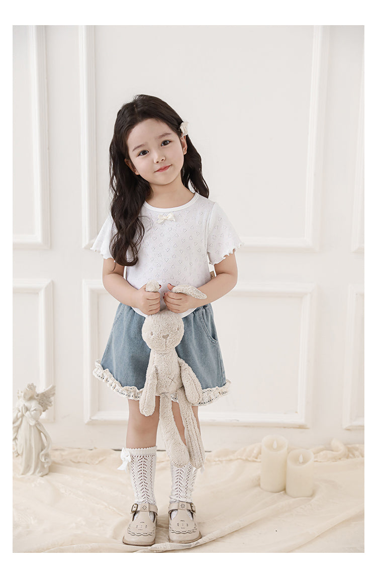 Girls Heart Pointelle Cropped T-Shirt, White