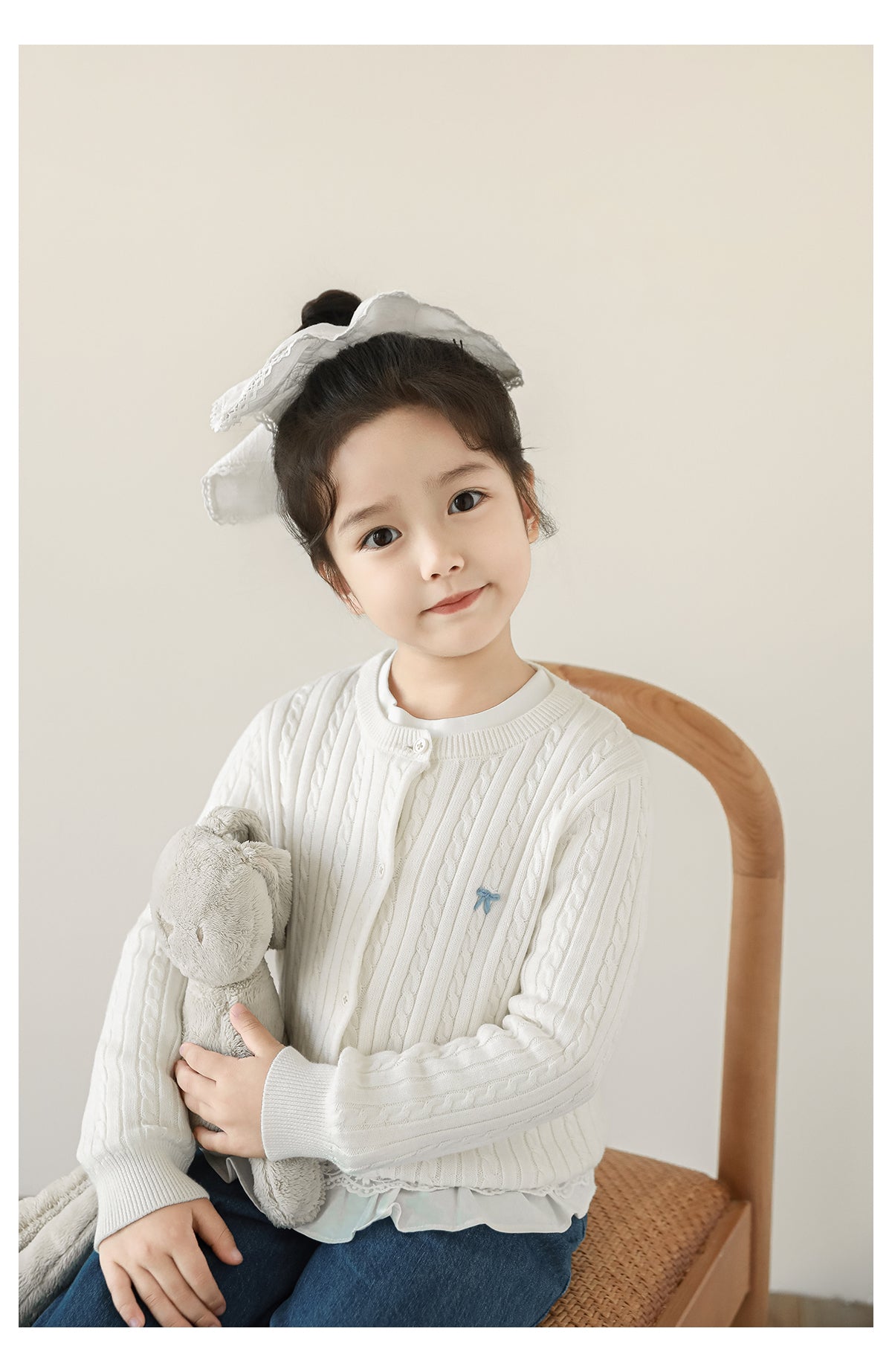 Girls Bow Embroidered Cable Knit Cardigan, Ivory
